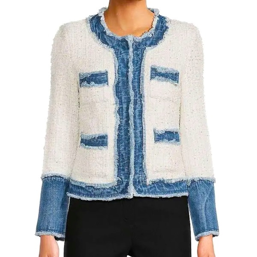 Nanette Lepore tweed & denim jacket button sleeve detail S NWOT l’agence agnes